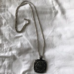 Long necklace with black and rhinestone square medallion.36” chain length